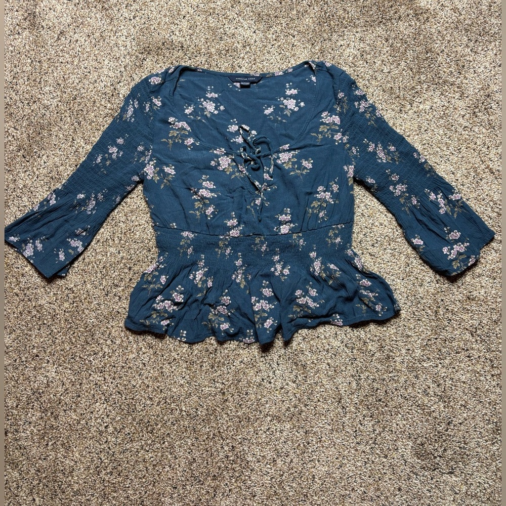 American Eagle Outfitters Teal Floral Blouse